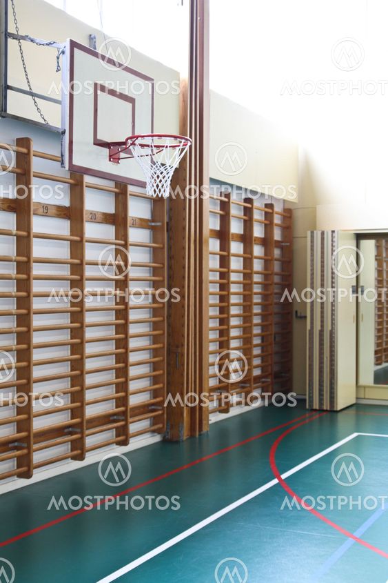 Gym with wall bars and basketball basket