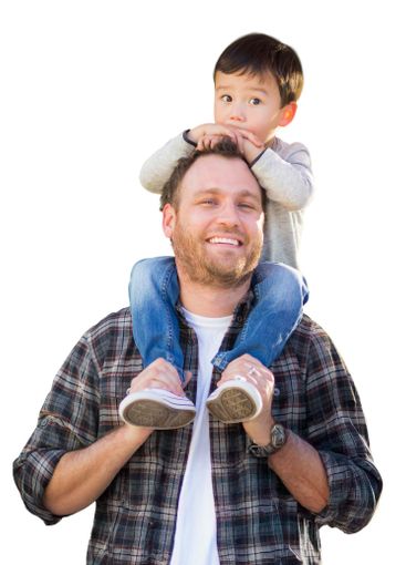 Happy Mixed Race Father and Son Riding Piggyback...