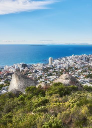 City, ocean and greenery with landscape view for sea,...