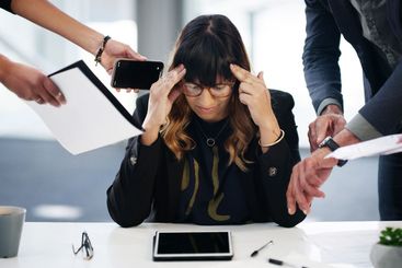 Businesswoman, hands and headache of stress for...