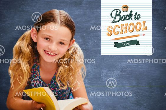Composite image of cute little girl reading book in library