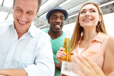 Beer, laughing or people in party for celebration, break...