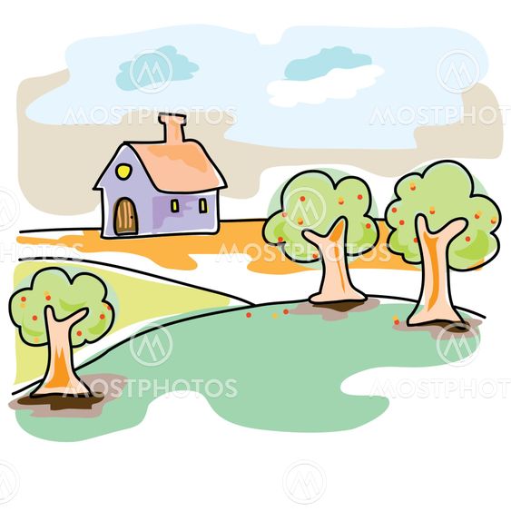 hand-drawn dream home in natural landscape