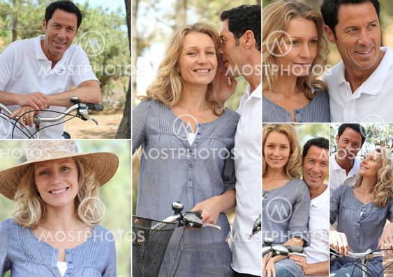 Montage of a couple with bikes in the countryside