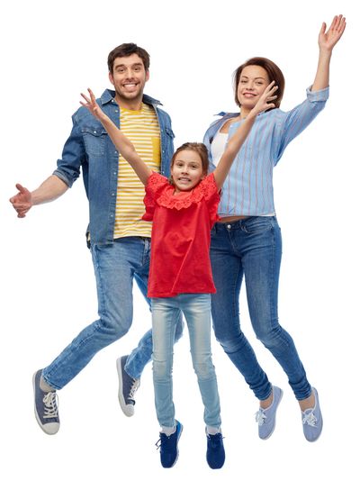 happy family jumping over white background