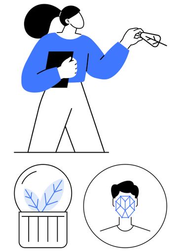 Woman holding notebook, handing leaf. Face recognition...