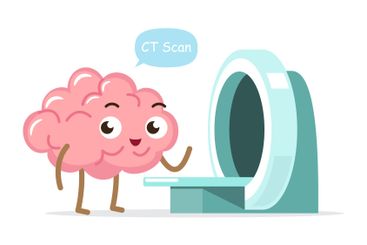 Brain cartoon character and CT scan machine . Medical...