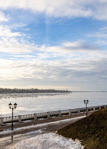 evening sky over river in Kostroma in winter dusk