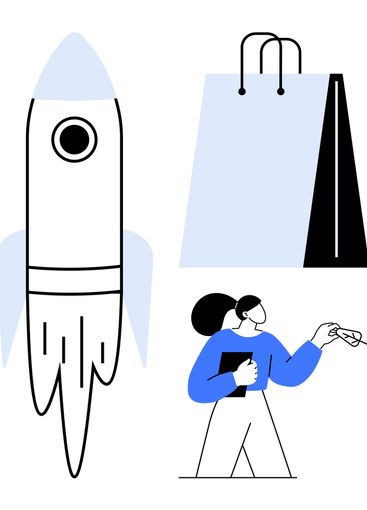 Rocket Launch, Shopping Bag, and Woman Holding Notebook...