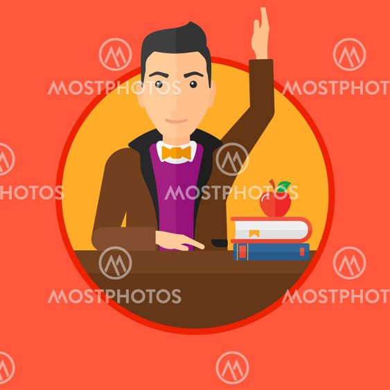 Student raising hand in class for an answer.