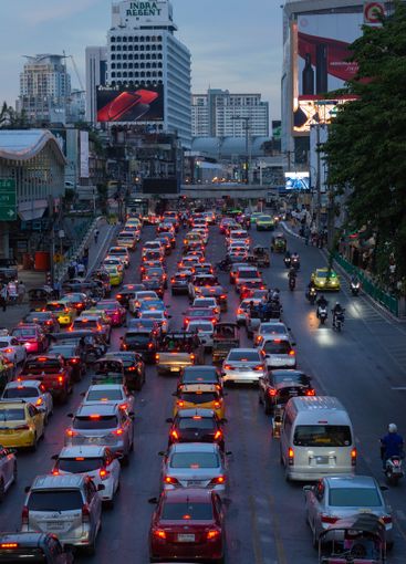 Cars in traffic jam on the Ratchadamri Road. Bangkok
