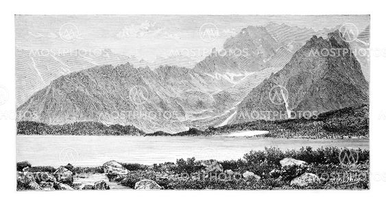 Cieszki Staw or Heavy Lake in Bohemia, Czech Republic, vintage engraving