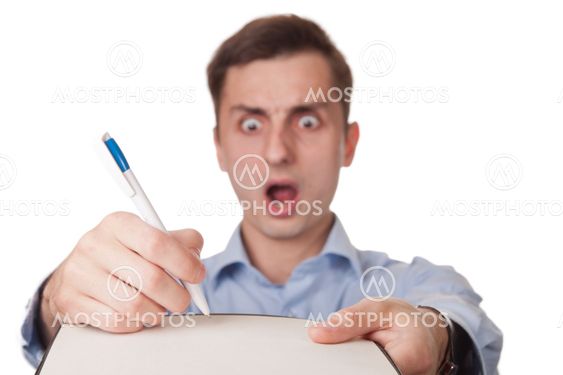 Shocked man isolated on white