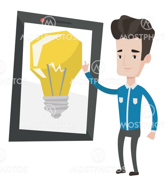 Man pointing at big tablet computer.