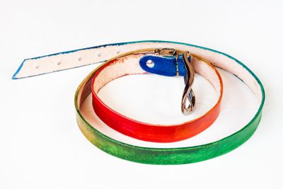 handmade rainbow coloured leather belt on white