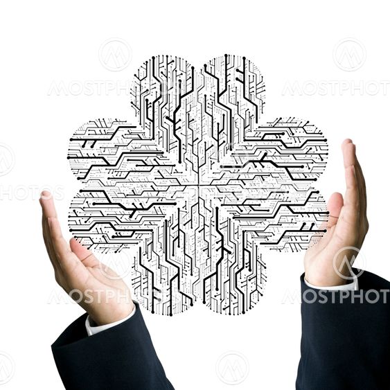 Busineesman protect the circuit board in heart shape pattern