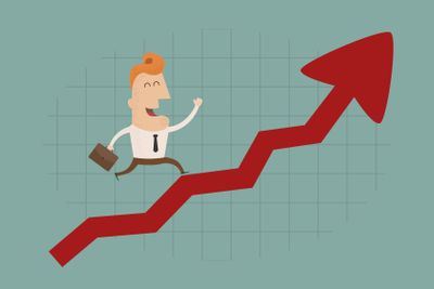 Businessman walking on the red arrow street to success ,...