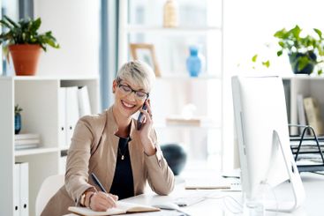 Phone call, writing notes and business woman for talking...