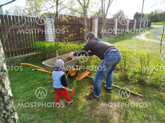Father and little son work together in a garden with a...