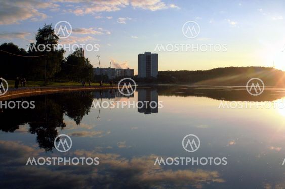 urban pond in the evening