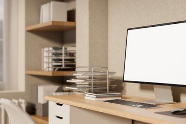 A side view of a minimalist Scandinavia home office...