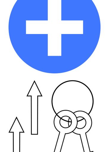 Blue cross above upward arrows and interlocking keys...