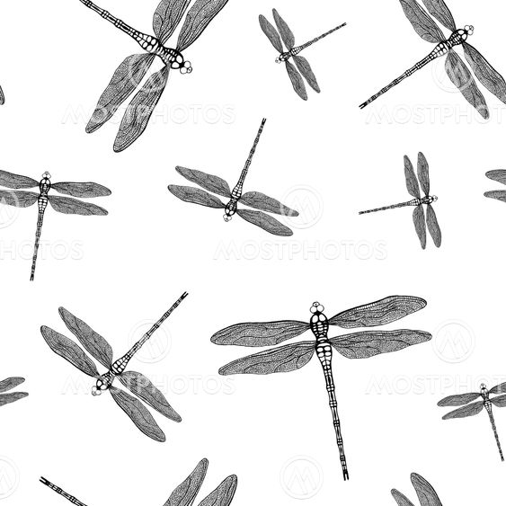 seamless pattern from graphic dragonfly on white...