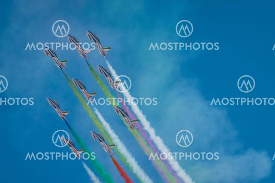 Acrobatic group of Freccia trecolori jet aeroplanes are...