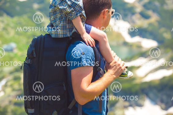 Father and his son hiking in mountains, Bulgaria