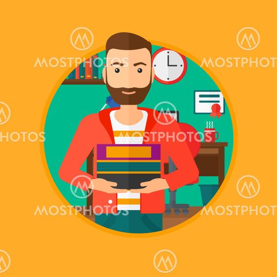 Man holding pile of books.