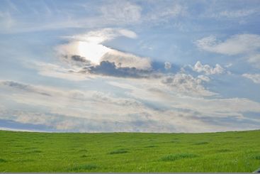 Grass field, blue sky and clouds with sunshine in nature...