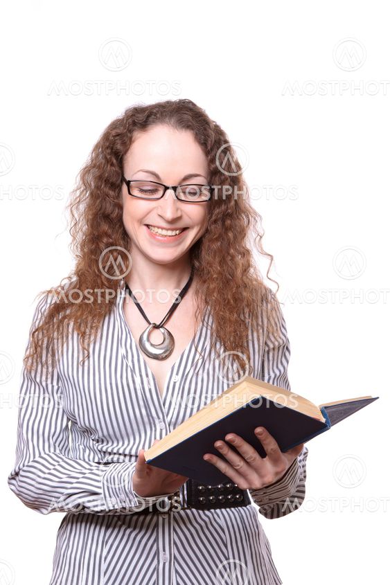 Woman reading old book isolated on white
