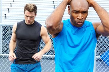 Fitness, athlete and men warm up together for exercise,...