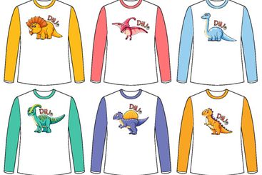 Set of different colour dinosaur screen on long sleeve...