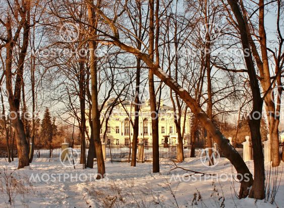 Old-time estate among the leafless trees