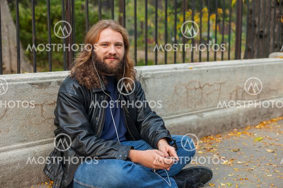 Blond Beard Young Adult Hipster Man Listening Music