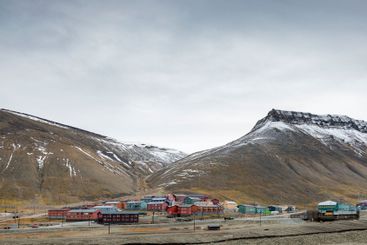Village by mountains in Svalbard, Norway
