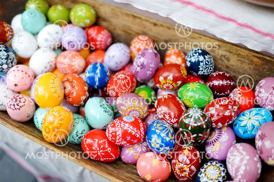 Colorful handmade wooden Easter eggs sold in annual...
