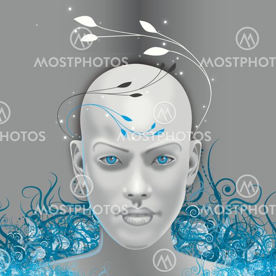 face and blue foliage