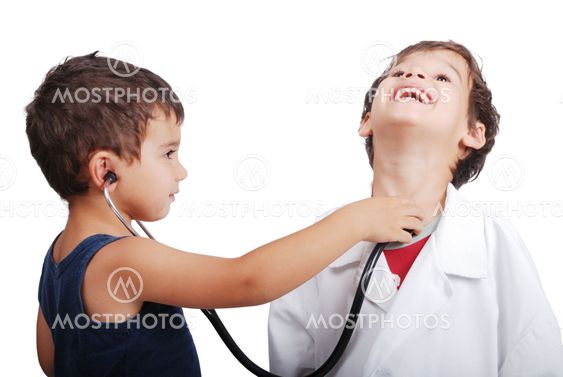 Doctor kid examining pulse to other kid