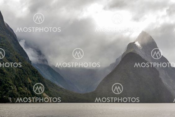Milford Sound looking northwest from the township seem Mitre Peak above the sound