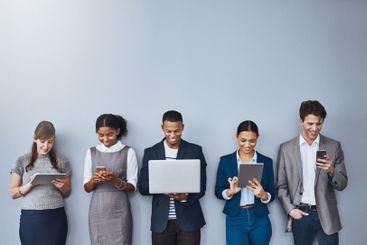Technology, waiting or business people in queue for job...