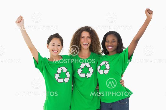 Team of environmental activists cheering at camera