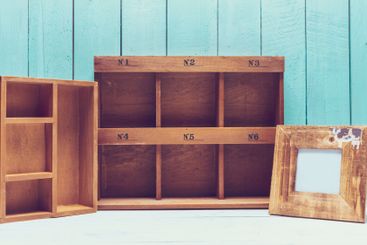 Shabby chic style home decorations on wooden background