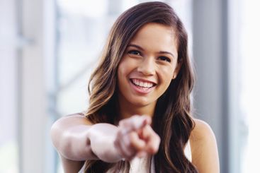 Office, businesswoman and portrait with pointing for...