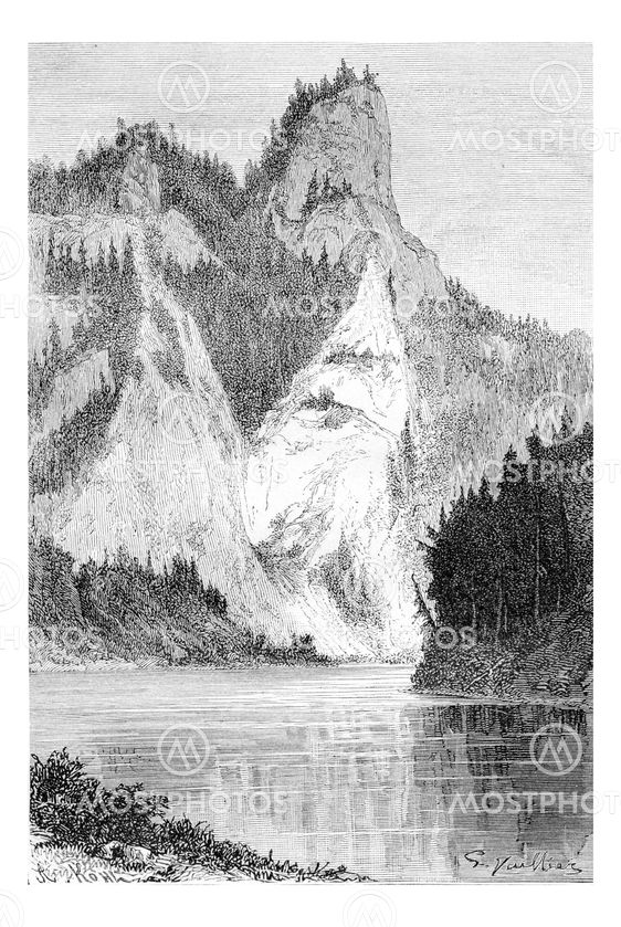 View of the Falkenfels and Mount Pionines, in the Tatra Mountains, Poland, vintage engraving