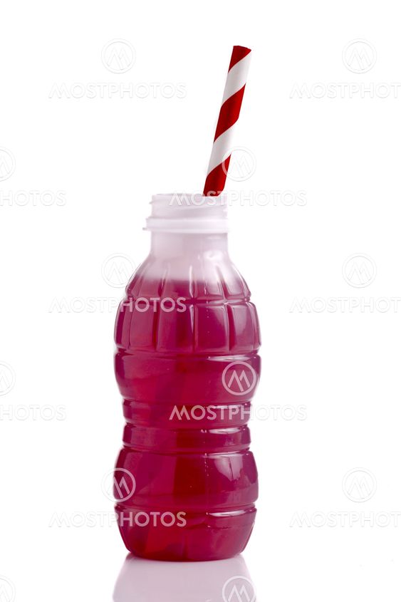 bottle of red lemonade or juice and striped straws
