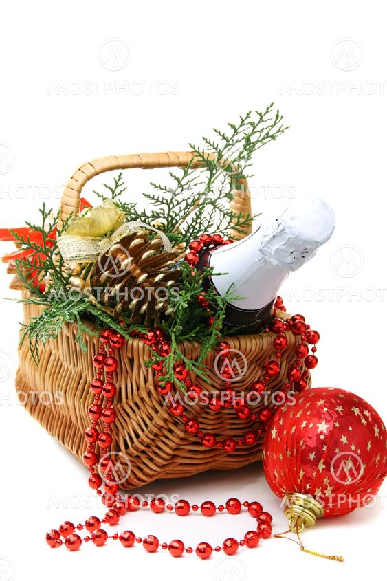 Basket with New Year's gifts and toys.