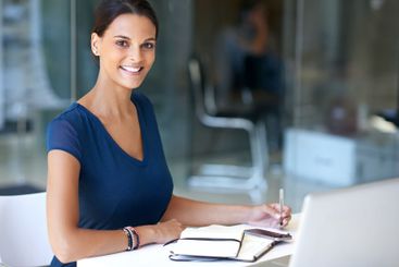 Writing, notebook and portrait with business woman in...