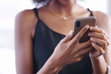Hands, phone and communication with person on technology...